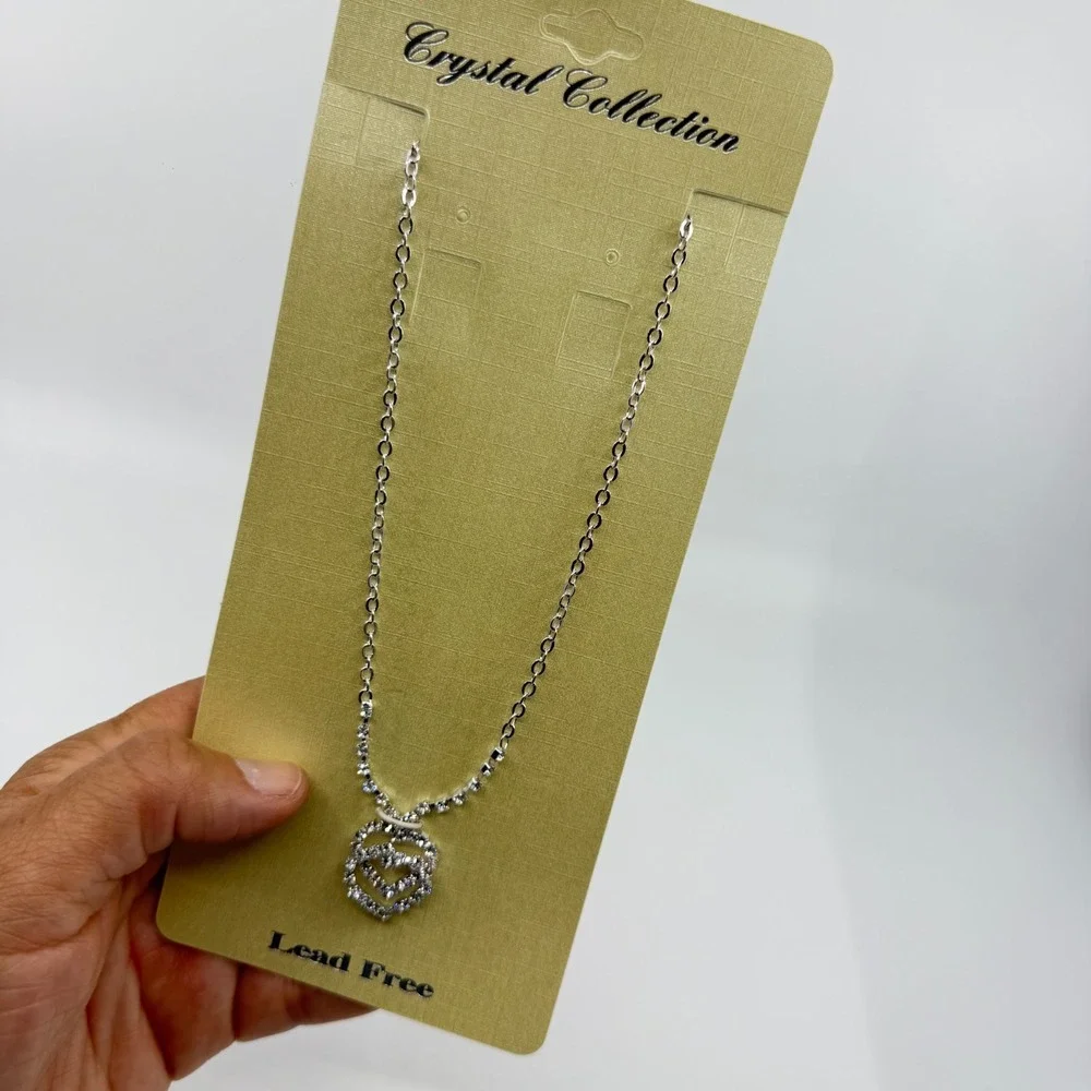 Stunning Double Heart Rhinestone Necklace Silver Tone Romantic Coquette Gift